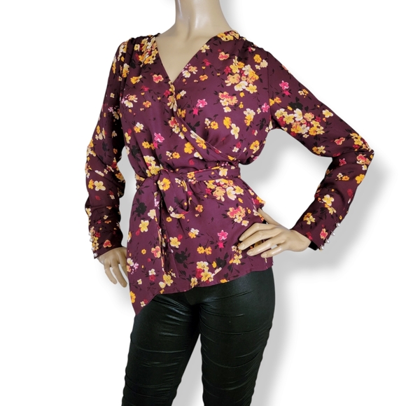 Gibson Plum/Purple & Yellow Floral Wrap Tie Waist Long Sleeve Top Size Small - Picture 5 of 8